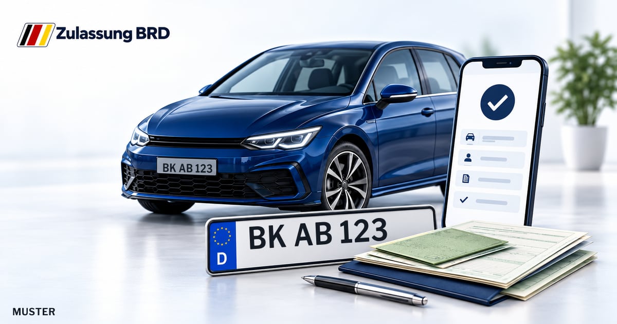Online Fahrzeugzulassung in Oebisfelde-Weferlingen: Musterkennzeichen BK AB 123, Auto und Fahrzeugpapiere und Smartphone. Illustration mit Logo von Zulassung BRD.